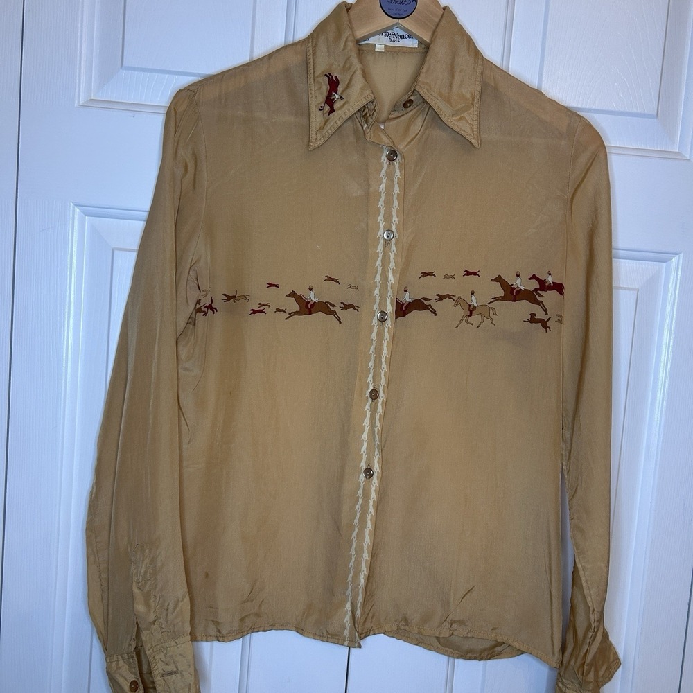 Vintage Serge Nancel Paris Womens Light Brown Blouse Size 40 Horses Button Up